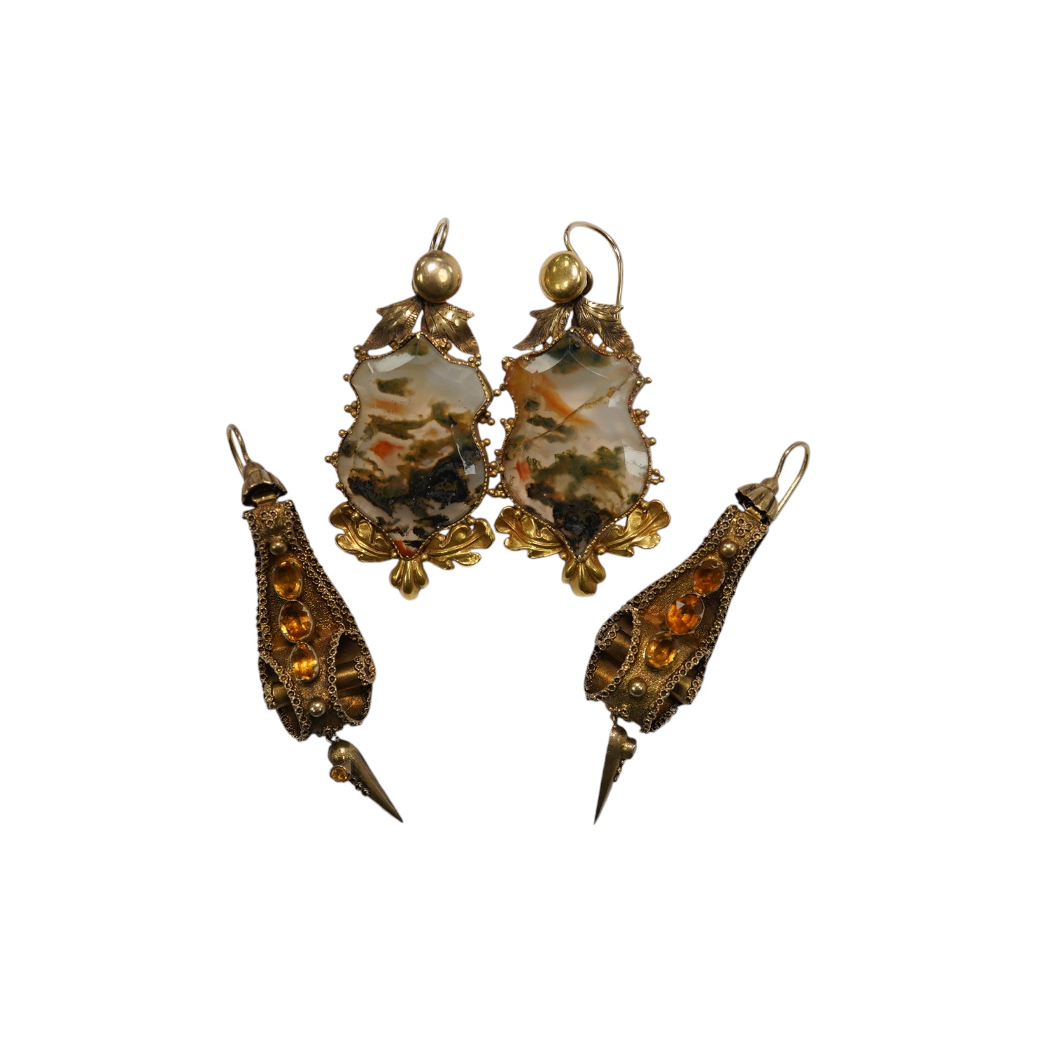 Two pairs of Victorian yellow metal earrings, one set with moss agate (a.f.) and one with citrine coloured stones, longest 50mm. Condition - poor to fair